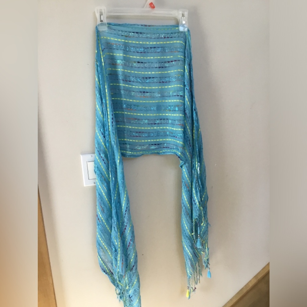 Striped Blue and Green Shawl with Fringe